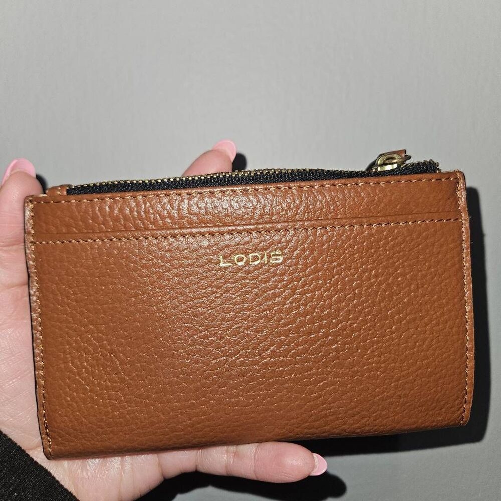 Lodis Pebbled Leather Zip Card Wallet in Brown/Black